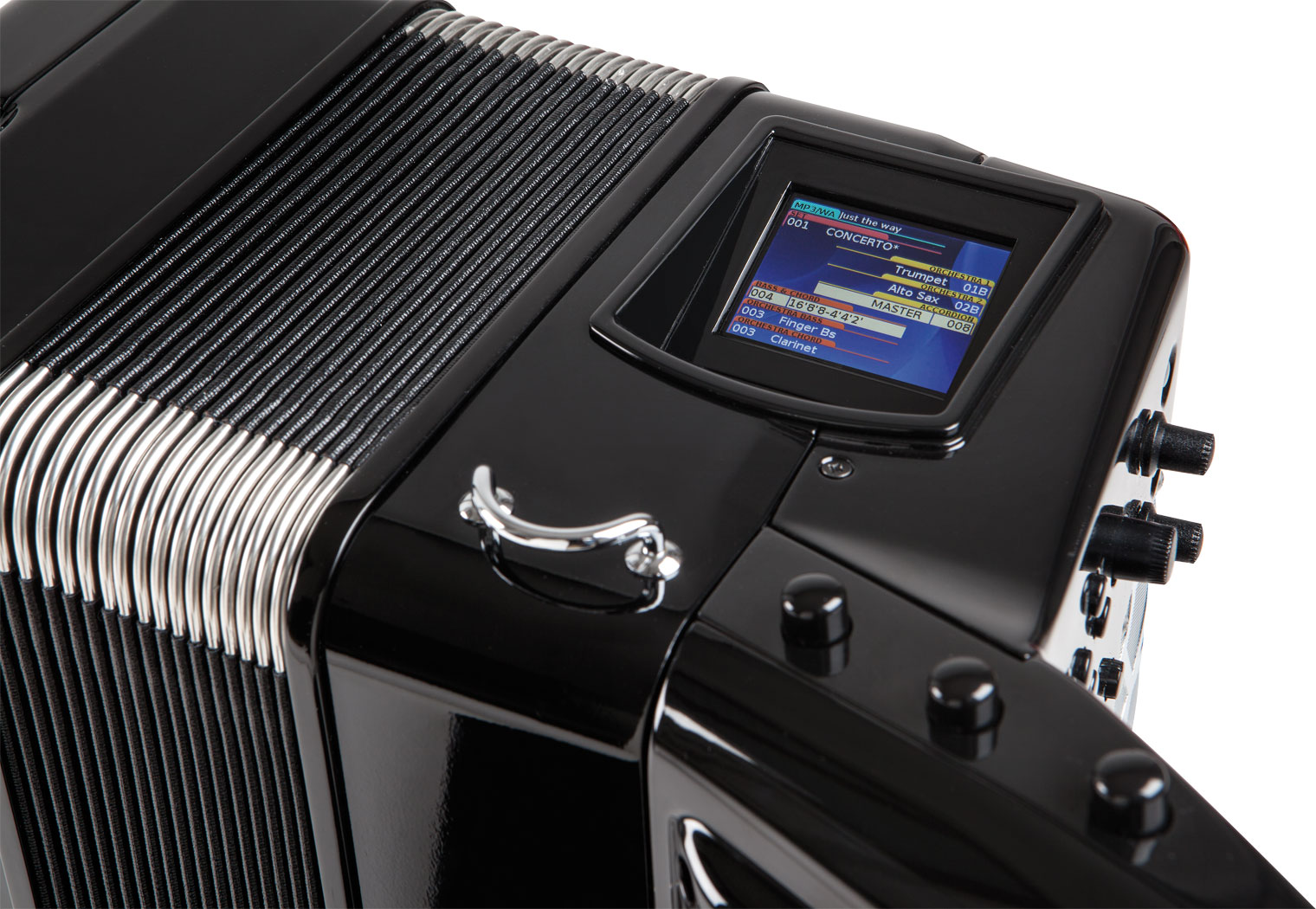 Roland FR-8X V-Akkordeon – Bedienfeld mit Farbdisplay und programmierbaren Kinnschaltern
