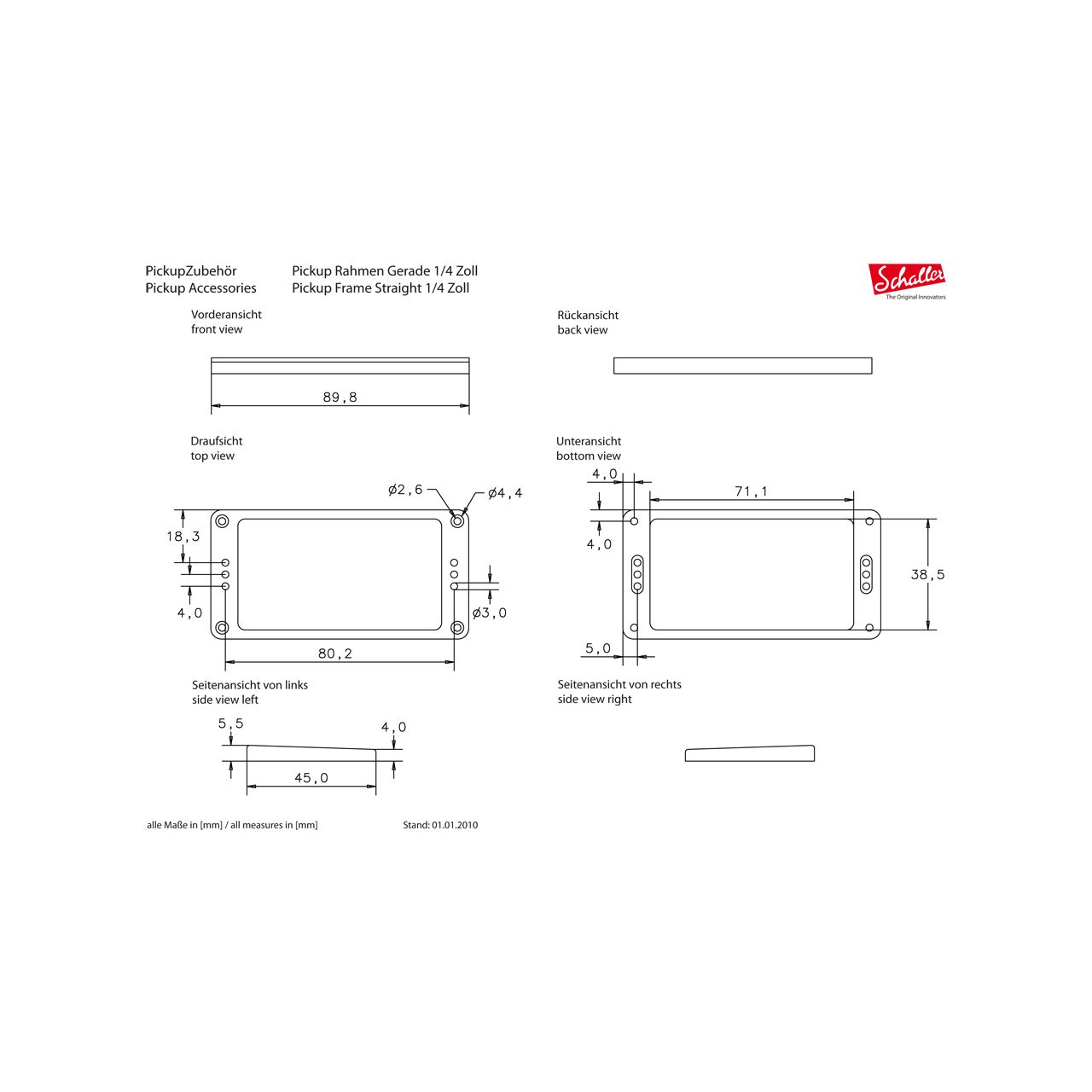 Humbucker Rahmen, 3-Loch, Kunststoff gerade, creme, flach