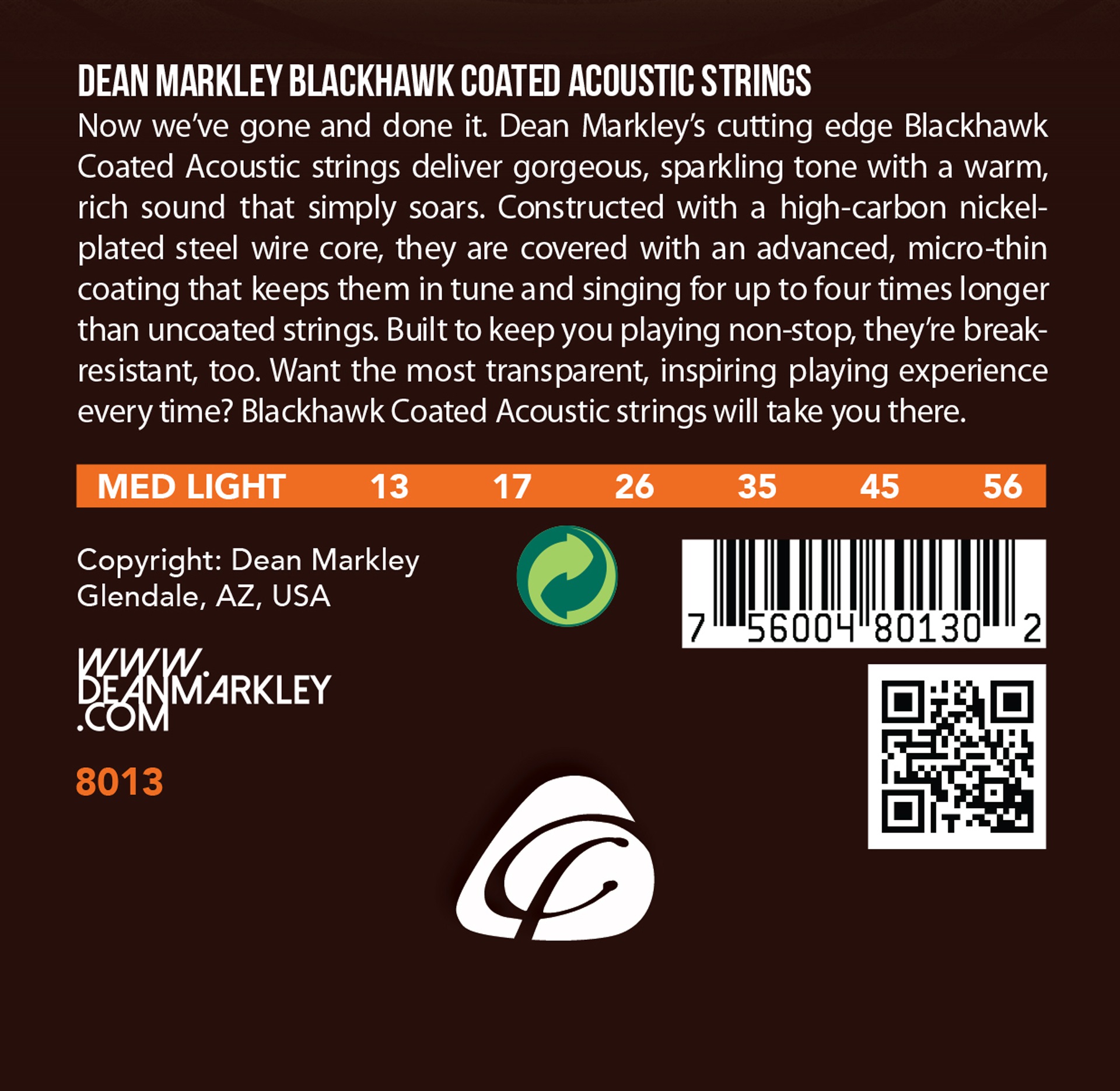 Blackhawk - 8013 - Coated Acoustic Guitar String Set, Pure Bronze, Medium, 80/20, .013-.056