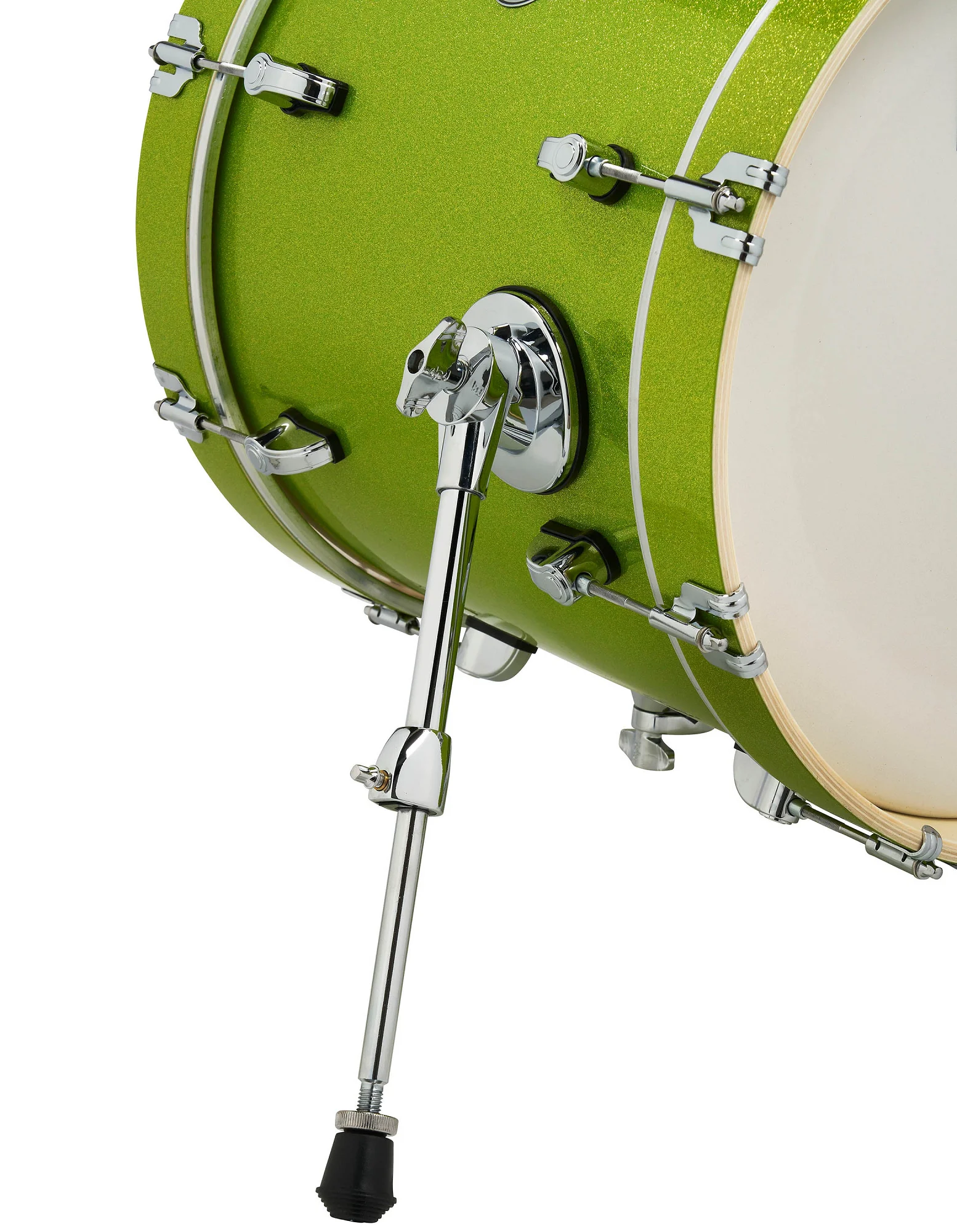 Bassdrum-Lifter integriert im DW PDP New Yorker Shellpack 4-tlg. Electric Green Sparkle Seitenansicht links