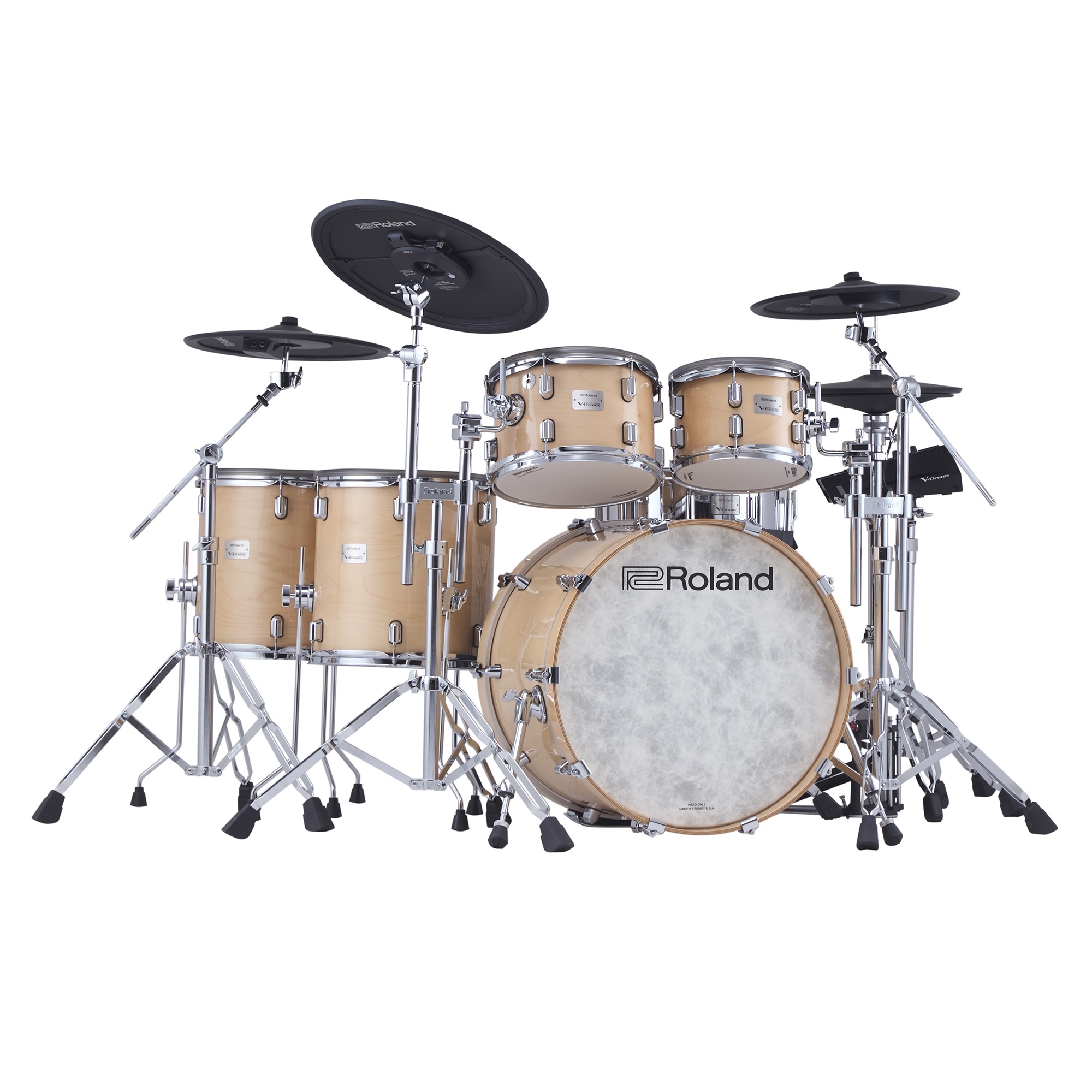 Roland VAD716-GN E-Drumset in Gloss Natural – Frontansicht mit komplett aufgebautem Kit inklusive Snare, Toms, Becken und Kick-Drum