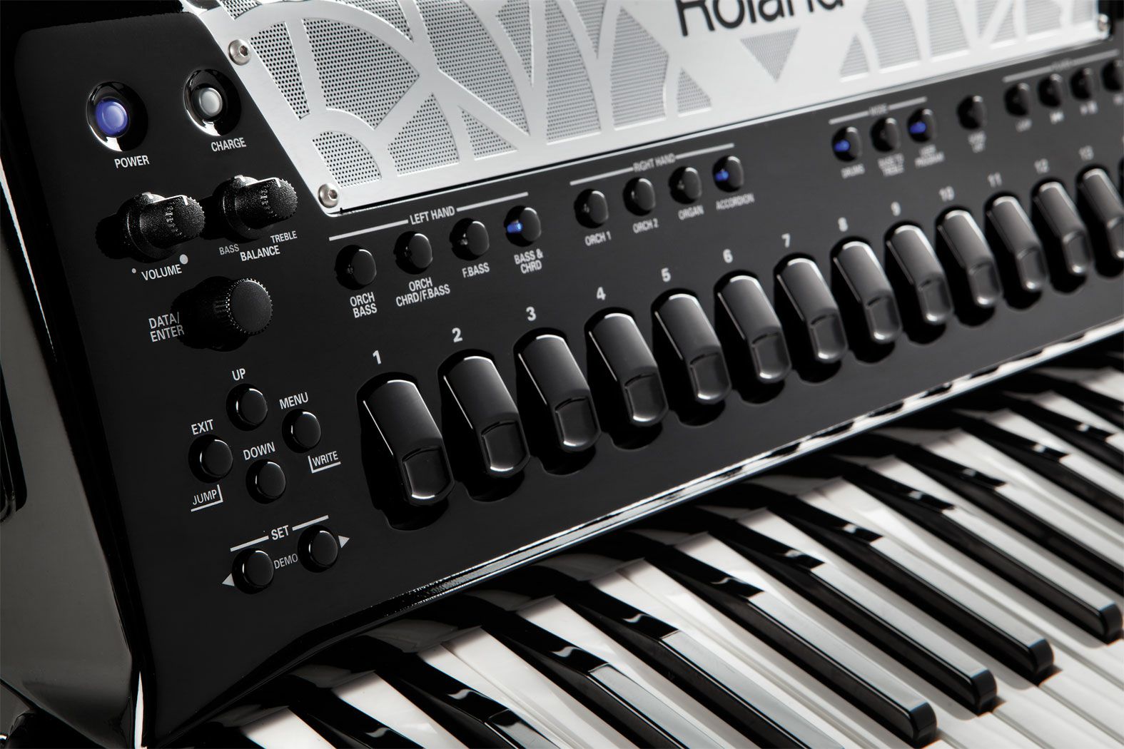 Detailansicht der Tastatur des Roland FR-8X mit 41 Tasten und Aftertouch-Funktion