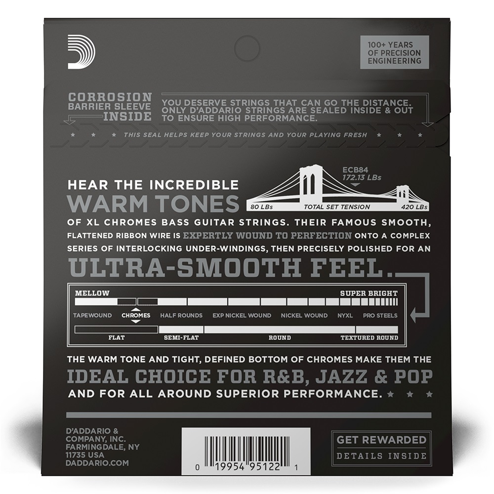 ECB84 Chromes Bass Guitar Strings, Custom Light, 40-100, Long Scale