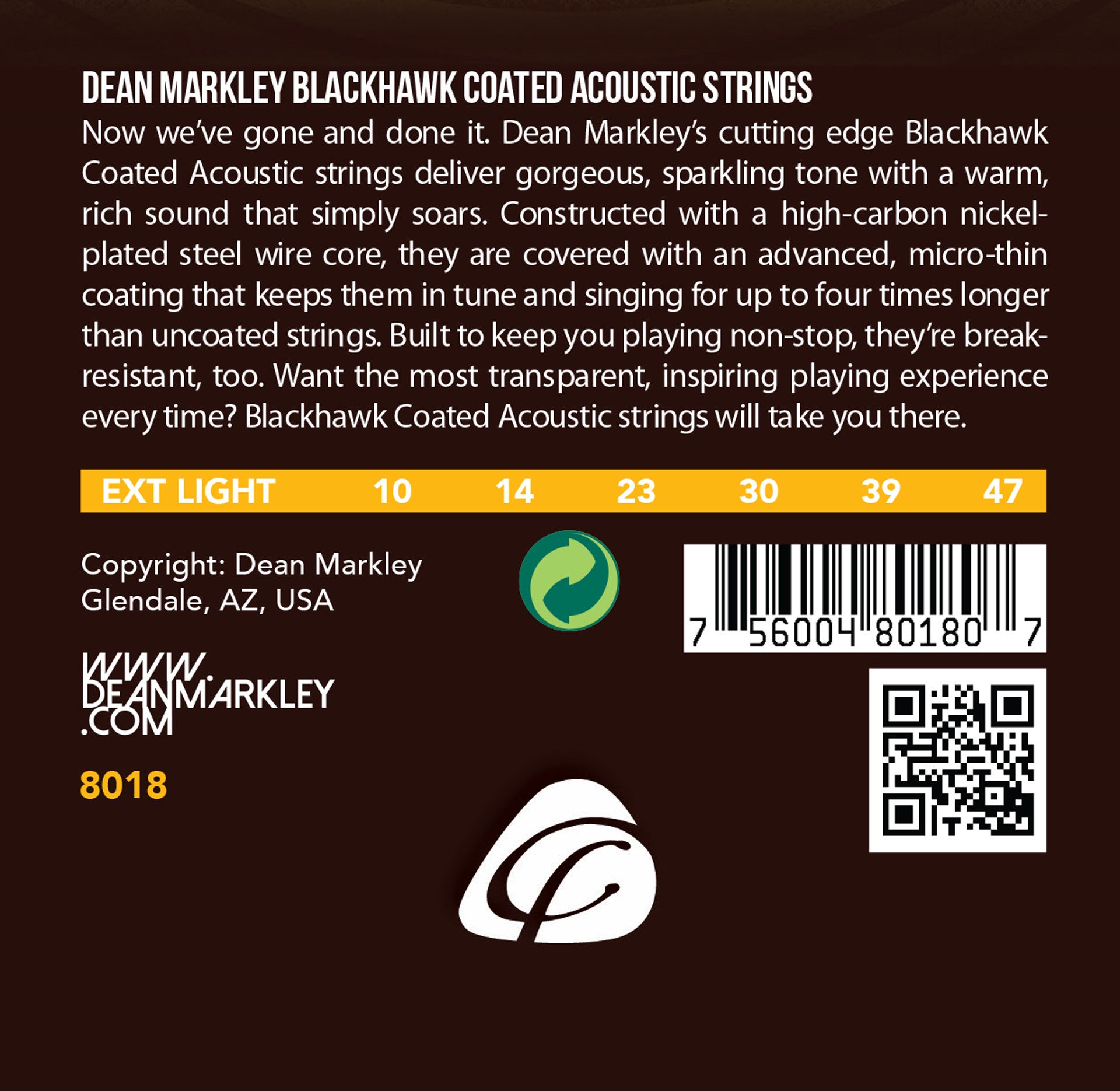 Blackhawk - 8018 - Coated Acoustic Guitar String Set, 80/20, Extra Light, .010-.047