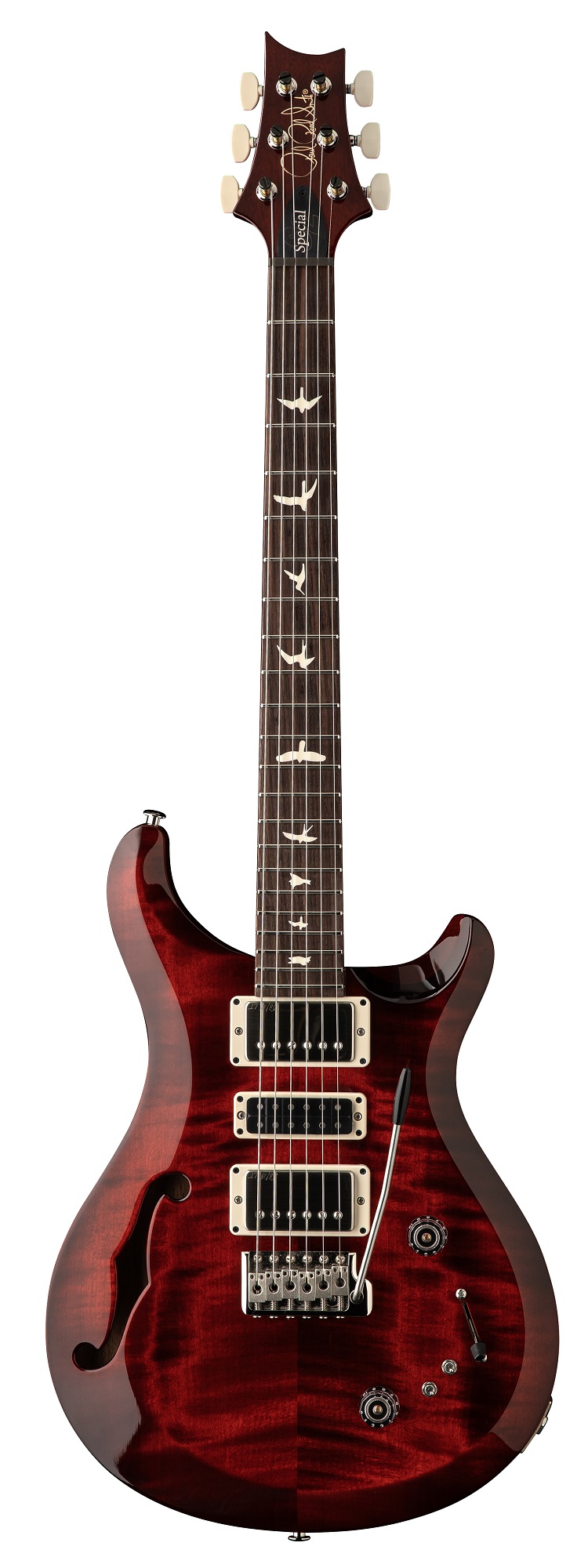 PRS S2 Special Semi-Hollow Fire Red Burst – Vorderansicht, halbakustische Gitarre mit rot-orangem Burst-Finish und drei Tonabnehmern