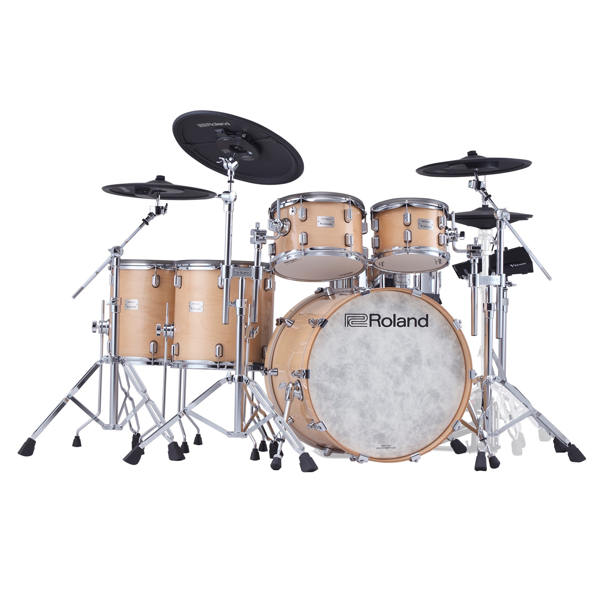 Roland VAD716-GN E-Drumset in Gloss Natural – Frontansicht mit Snare, Toms, Becken und Kick-Drum