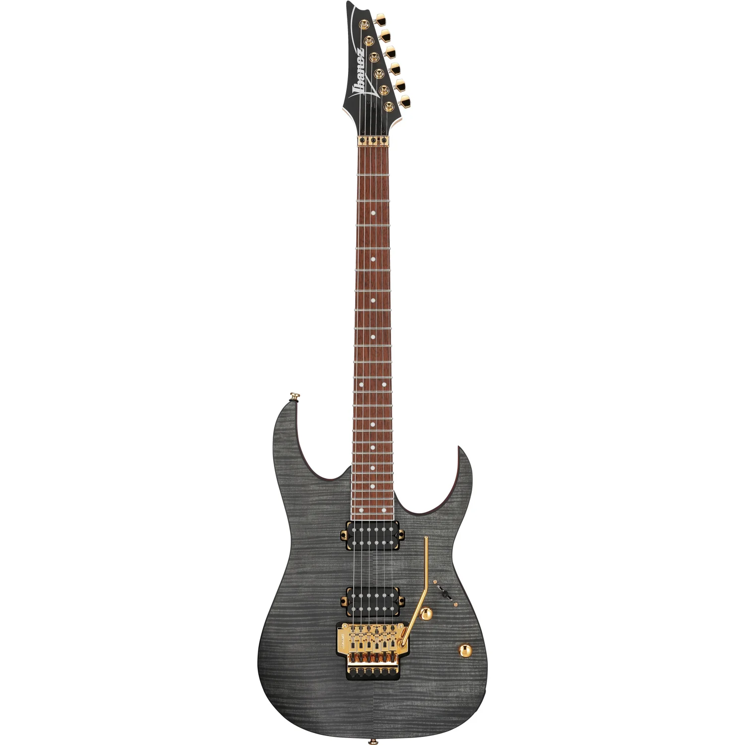 Ibanez RGR420FMSPTGF Transparent Gray Flat mit Reverse Headstock in Frontansicht
