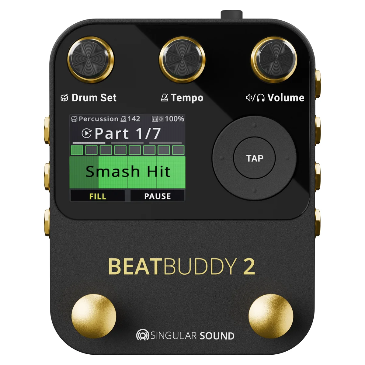 Nahaufnahme des BeatBuddy 2 Displays mit aktiver Songansicht