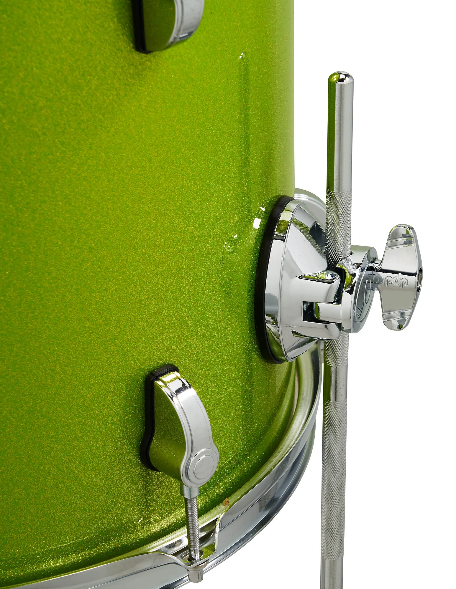 Snare Drum Nahaufnahme DW PDP New Yorker Shellpack 4-tlg. Electric Green Sparkle  Seitenansicht rechts