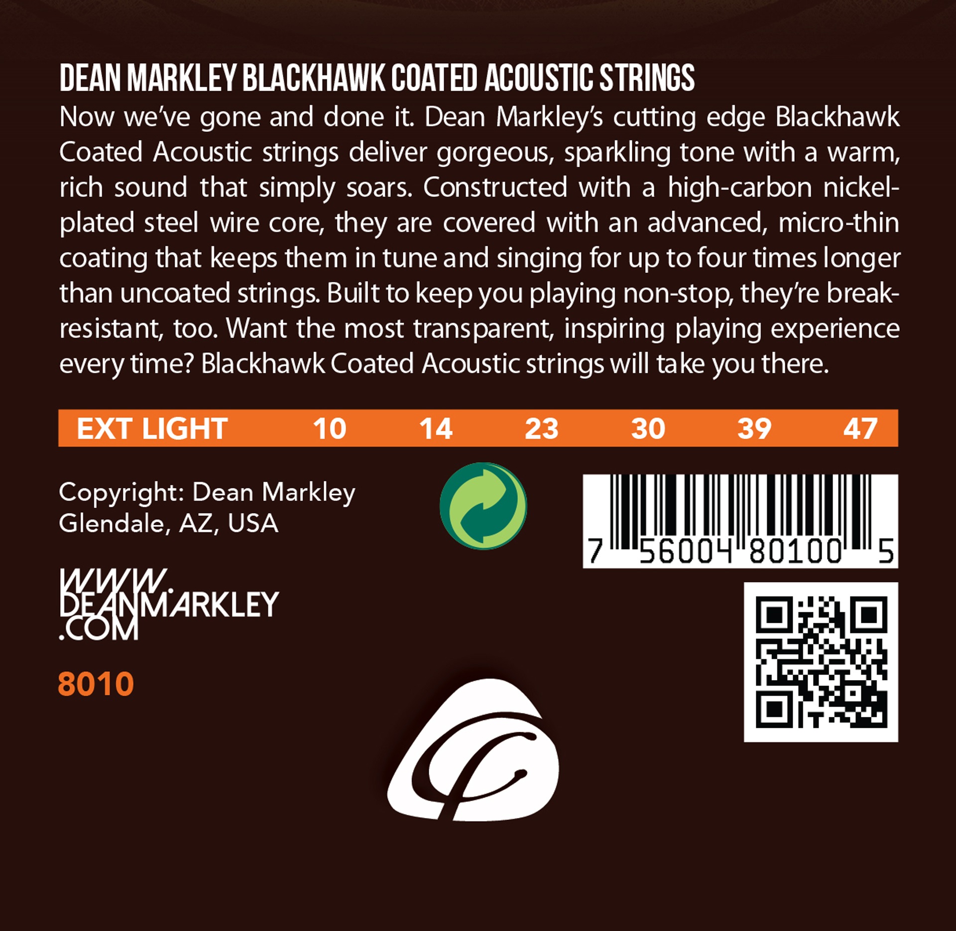 Blackhawk - 8010 - Coated Acoustic Guitar String Set, Pure Bronze, Extra Light, .010-.047