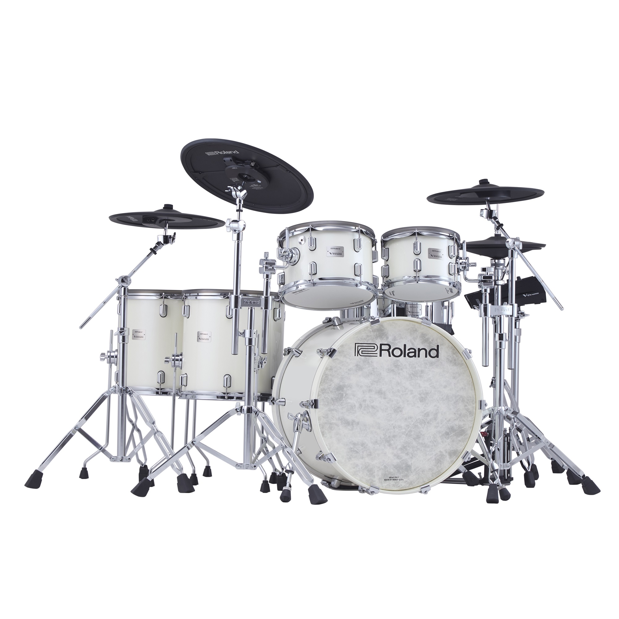 Roland VAD716-PW E-Drum Set in Pearl White – Frontansicht des kompletten Kits mit Snare, Toms, Becken und Kick-Drum