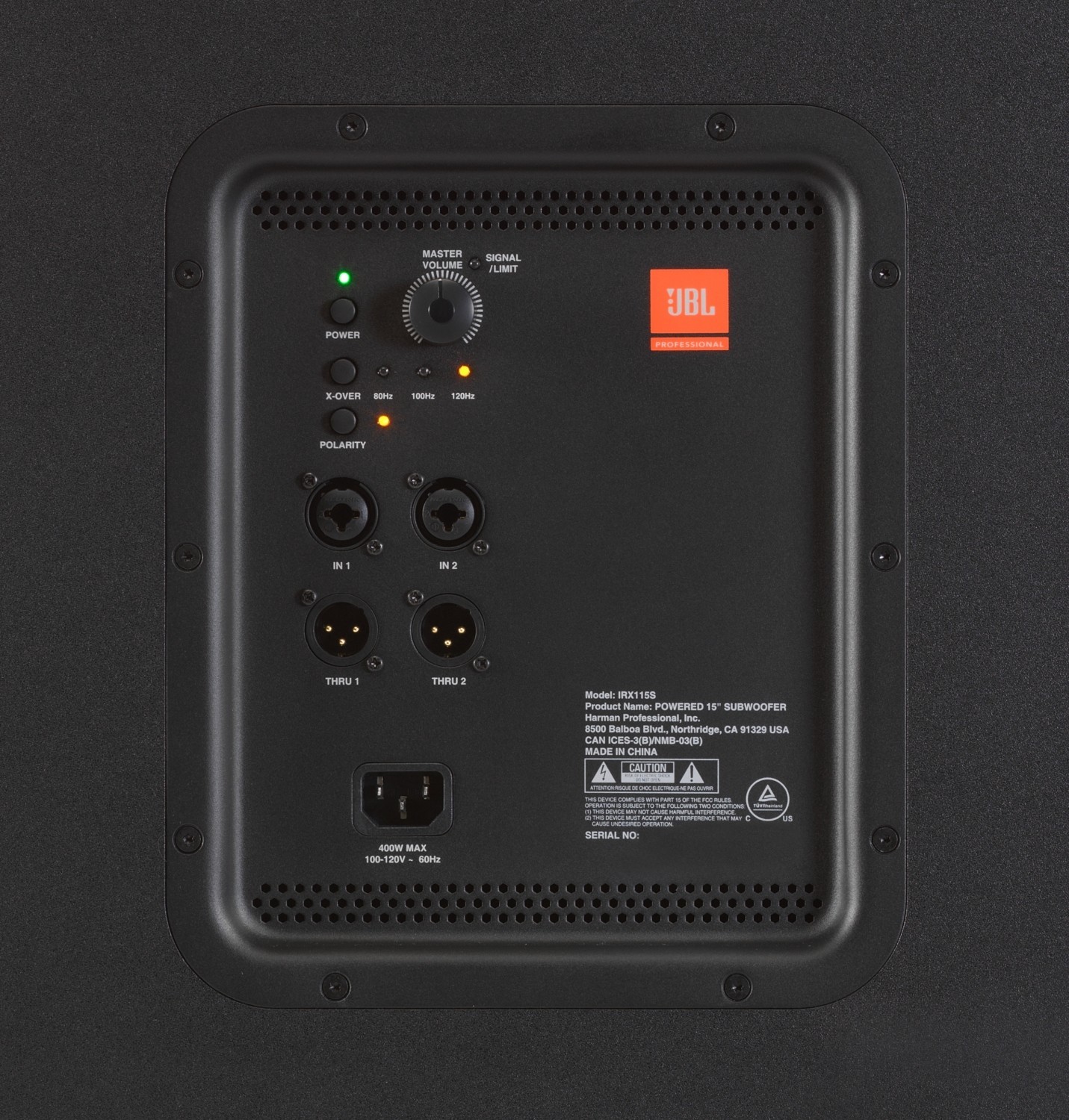 1037082_4 JBL IRX-115S Nahaufnahme – Bedienfeld mit Crossover- und Polarity-Schalter auf der Rückseite