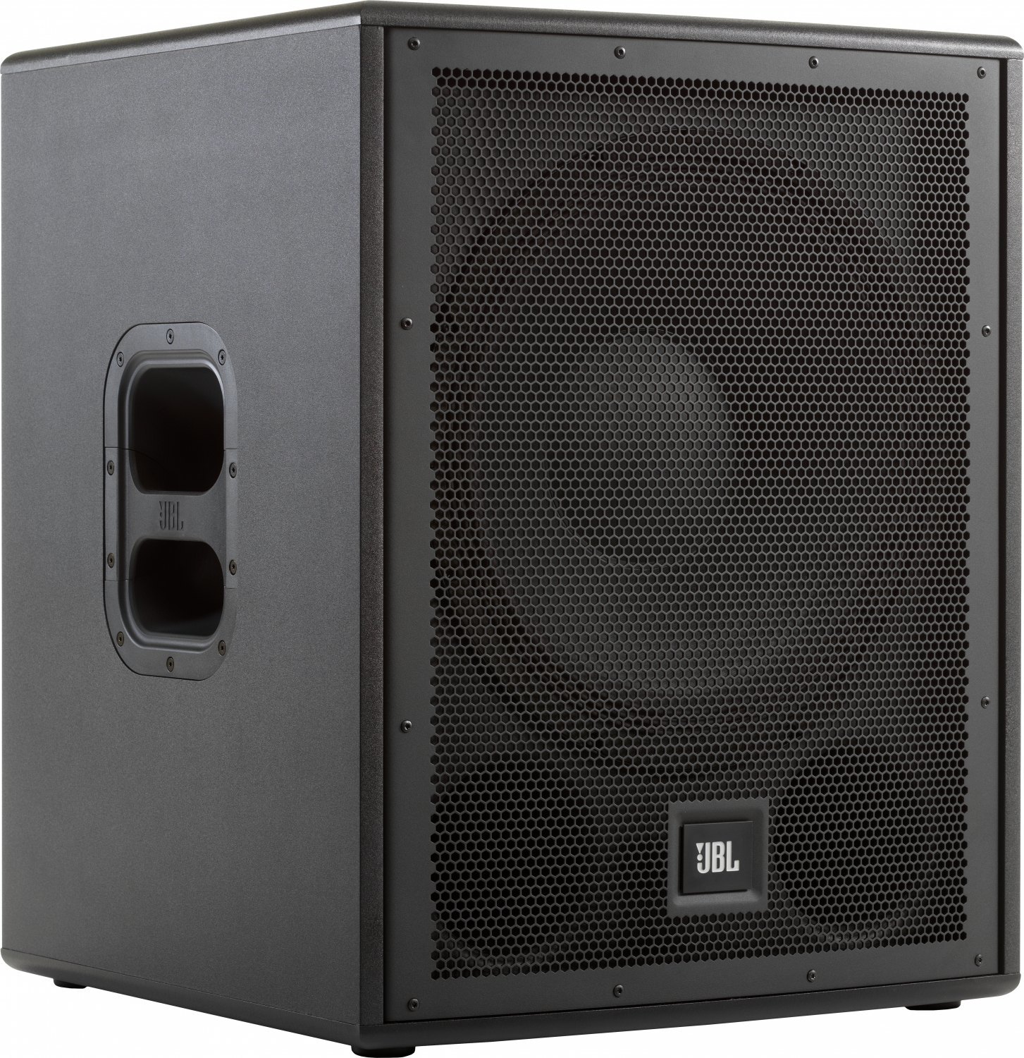 1037082 JBL IRX-115S aktiver Subwoofer 15 Zoll – Frontansicht mit geöffneter MDF-Gehäusekante