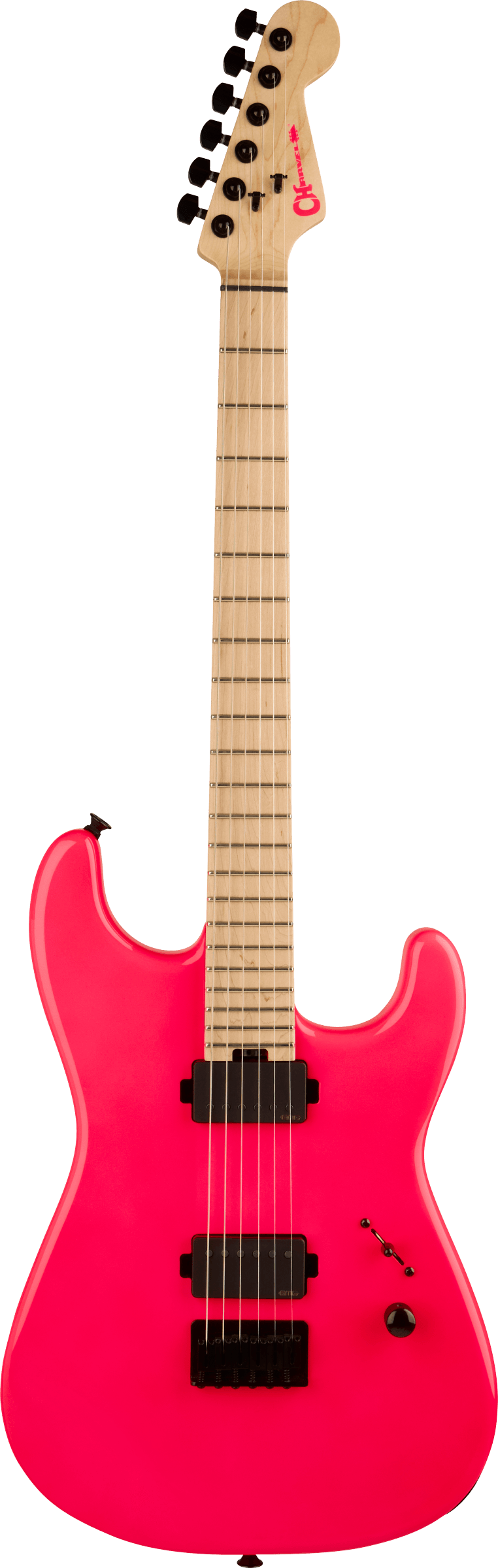 Charvel San Dimas Gitarre auf Ständer im Studio – Neon Pink Finish leuchtet unter Licht