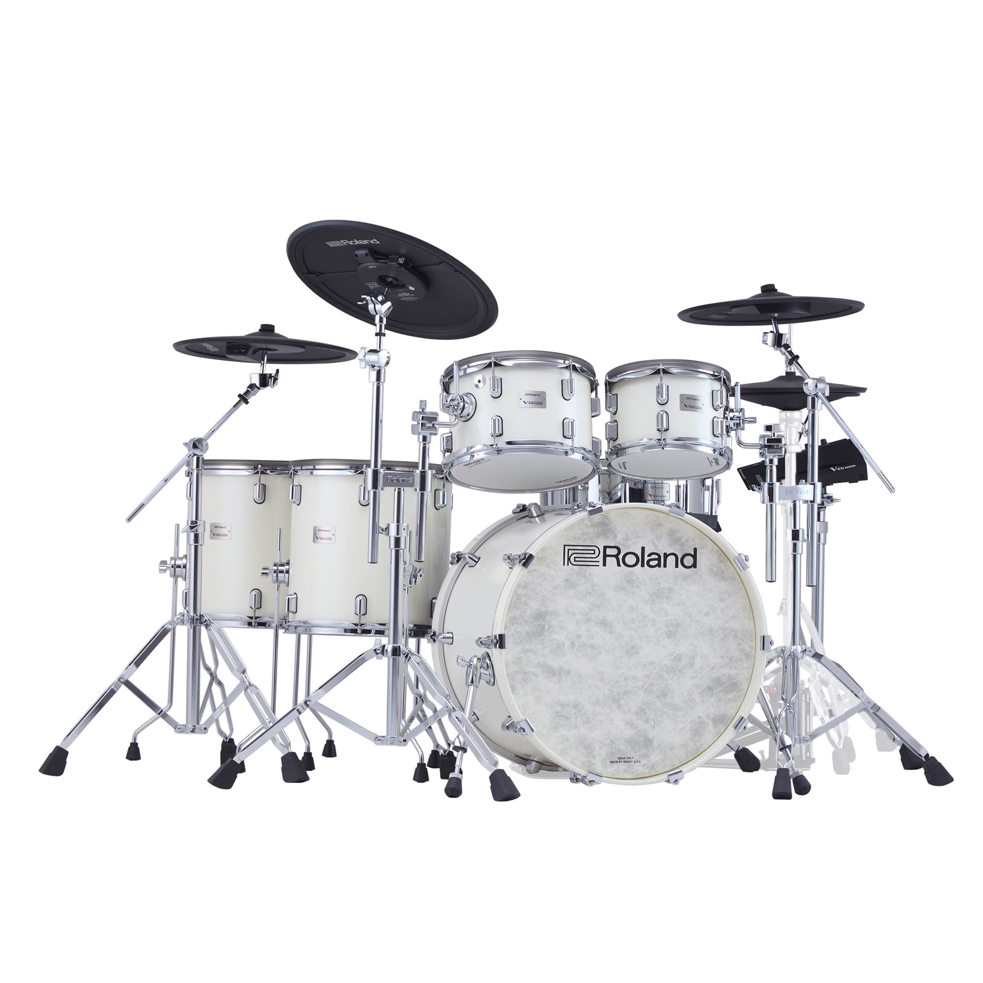 Roland VAD716-PW Pearl White – Seitenansicht des E-Drumsets mit Snare, Toms, Becken und Kick-Drum in Studioumgebung