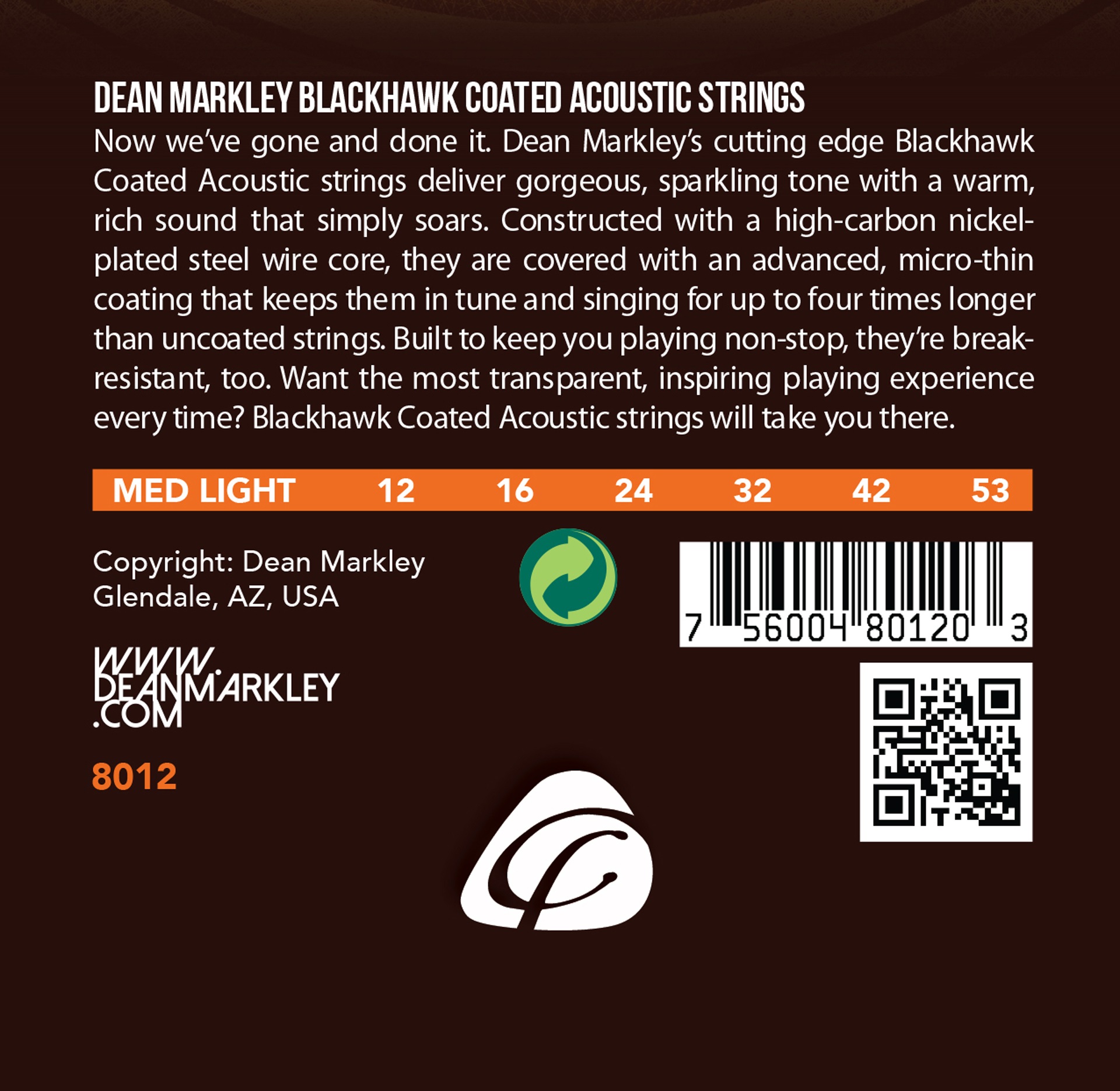 Blackhawk - 8012 - Coated Acoustic Guitar String Set, Pure Bronze, Medium Light, .012.-053