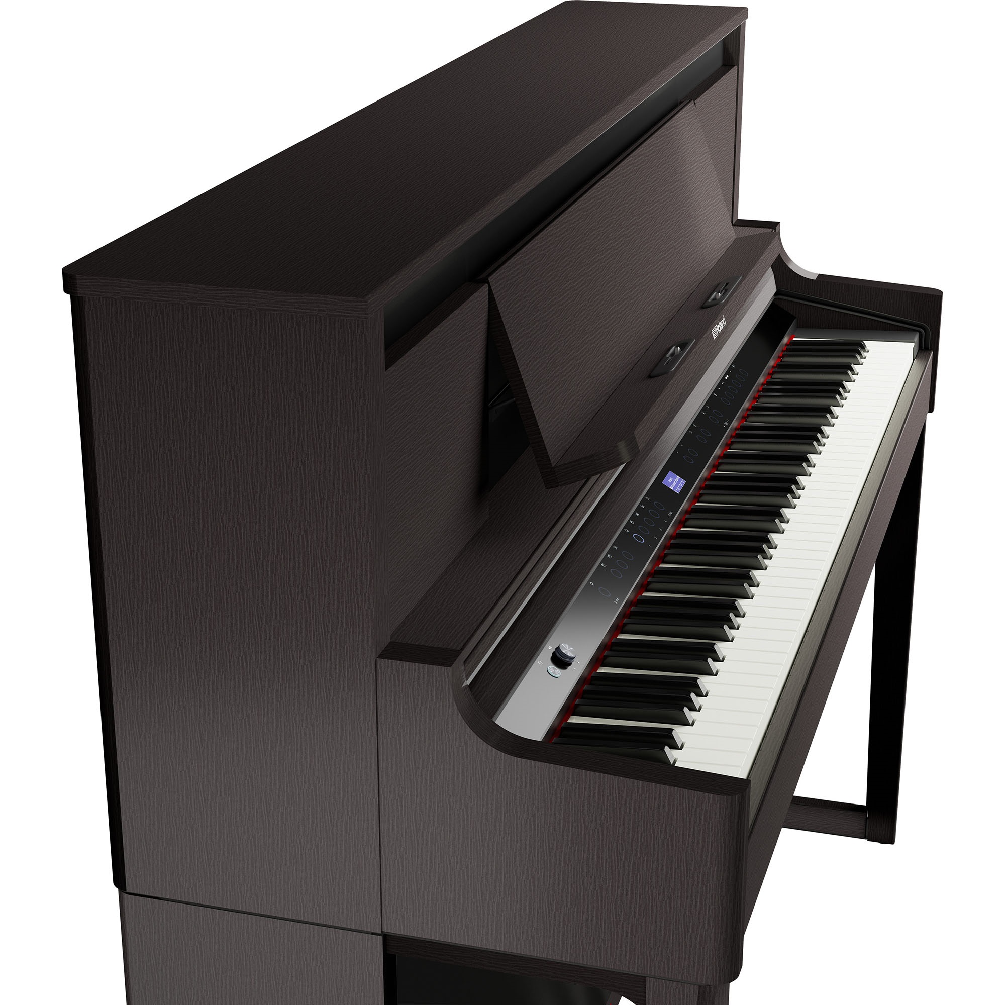 Roland LX-6 DR Digitalpiano – Seitenansicht mit geöffnetem Deckel und sichtbarer Tastatur