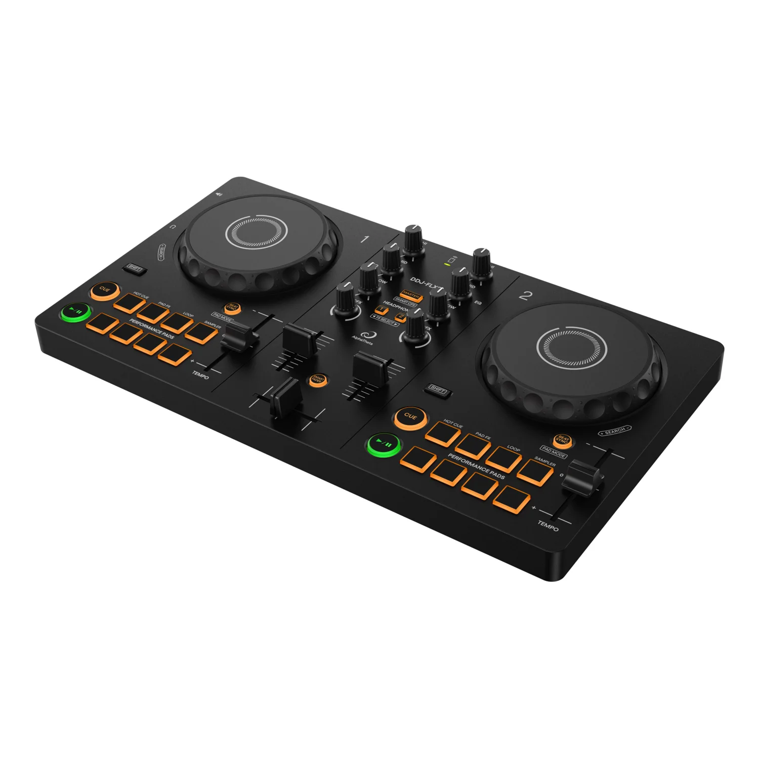 AlphaTheta DDJ-FLX2 Bedienelemente und Jog-Wheel Detail