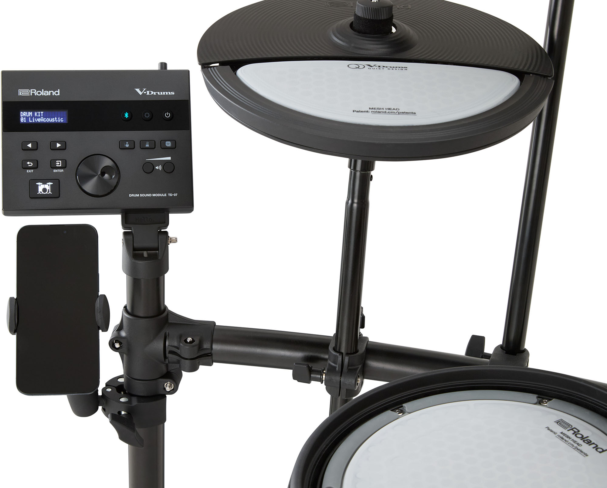 Roland RSH-10 im Hochformat mit angeschlossenem Smartphone