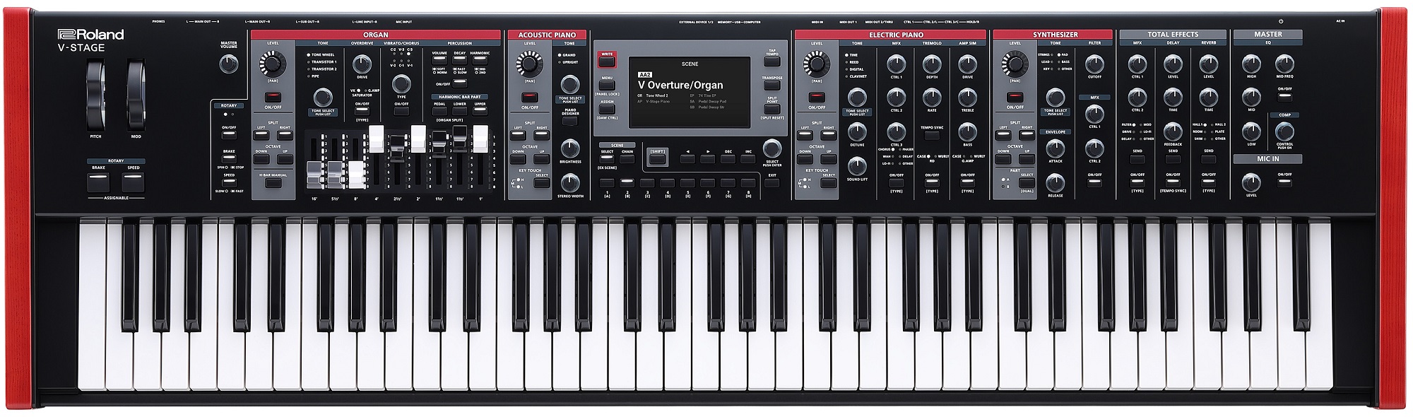 Vorderansicht des Roland V-Stage 76 Stage Keyboards – Benutzerfreundliche Bedienelemente und digitales Display