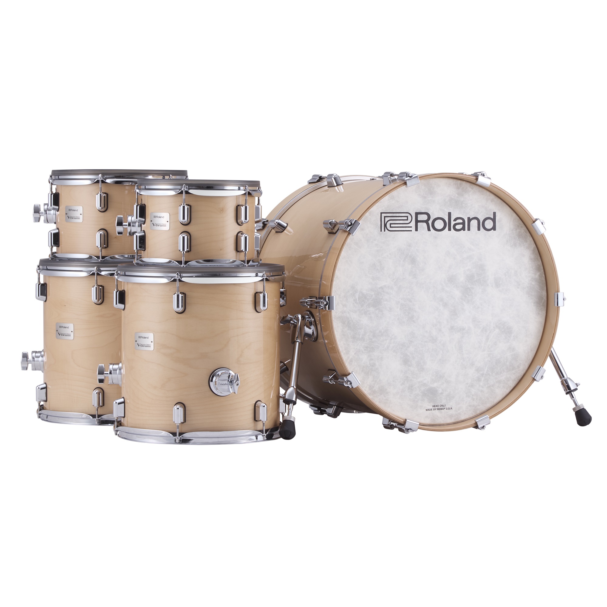 Roland VAD716-GN E-Drumset in Gloss Natural – Nahaufnahme der Kick-Drum mit sichtbarem Roland-Logo auf dem Mesh-Fell Shell Set