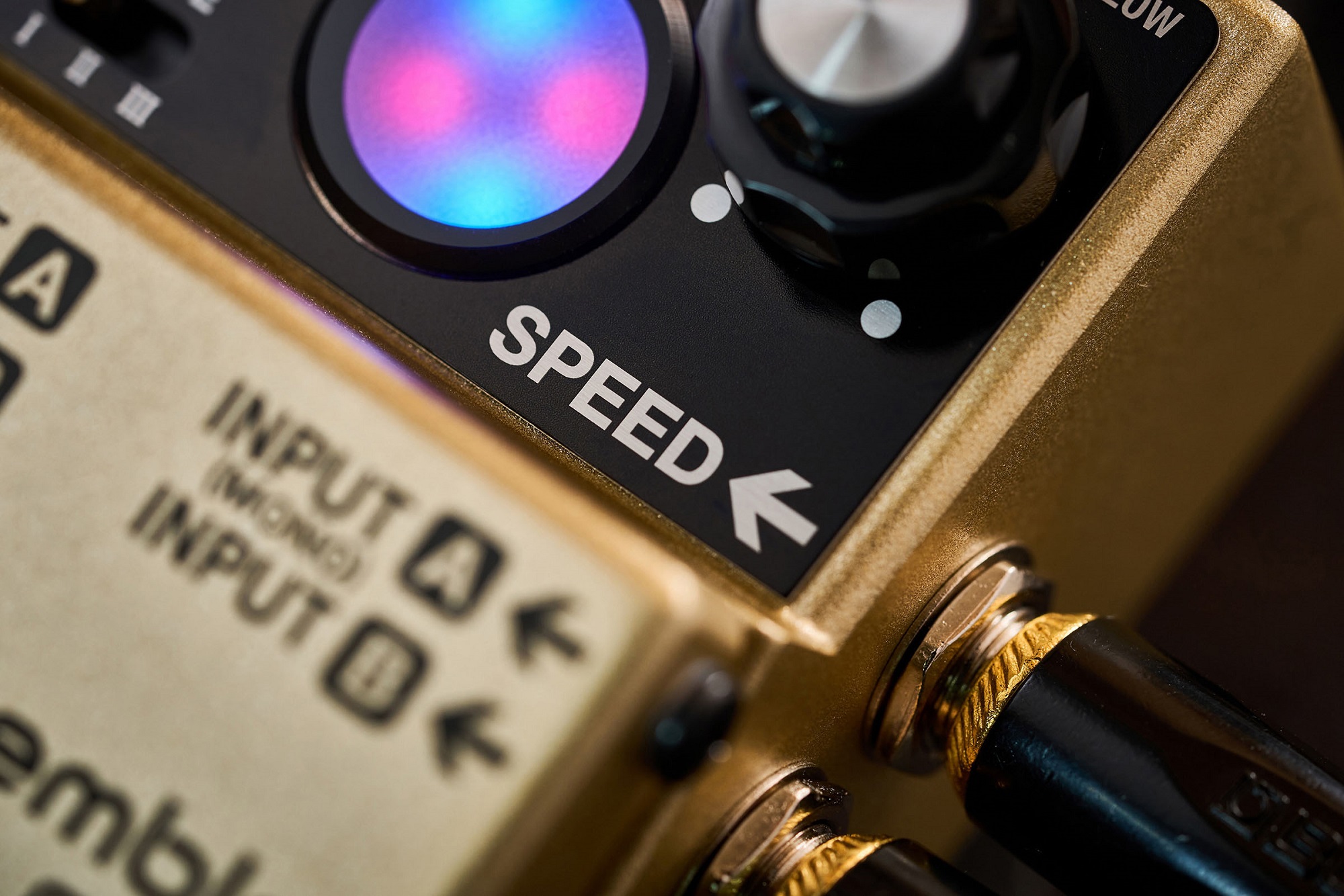 Nahaufnahme der Treble- und Bassrotor-LEDs am Boss RT-2