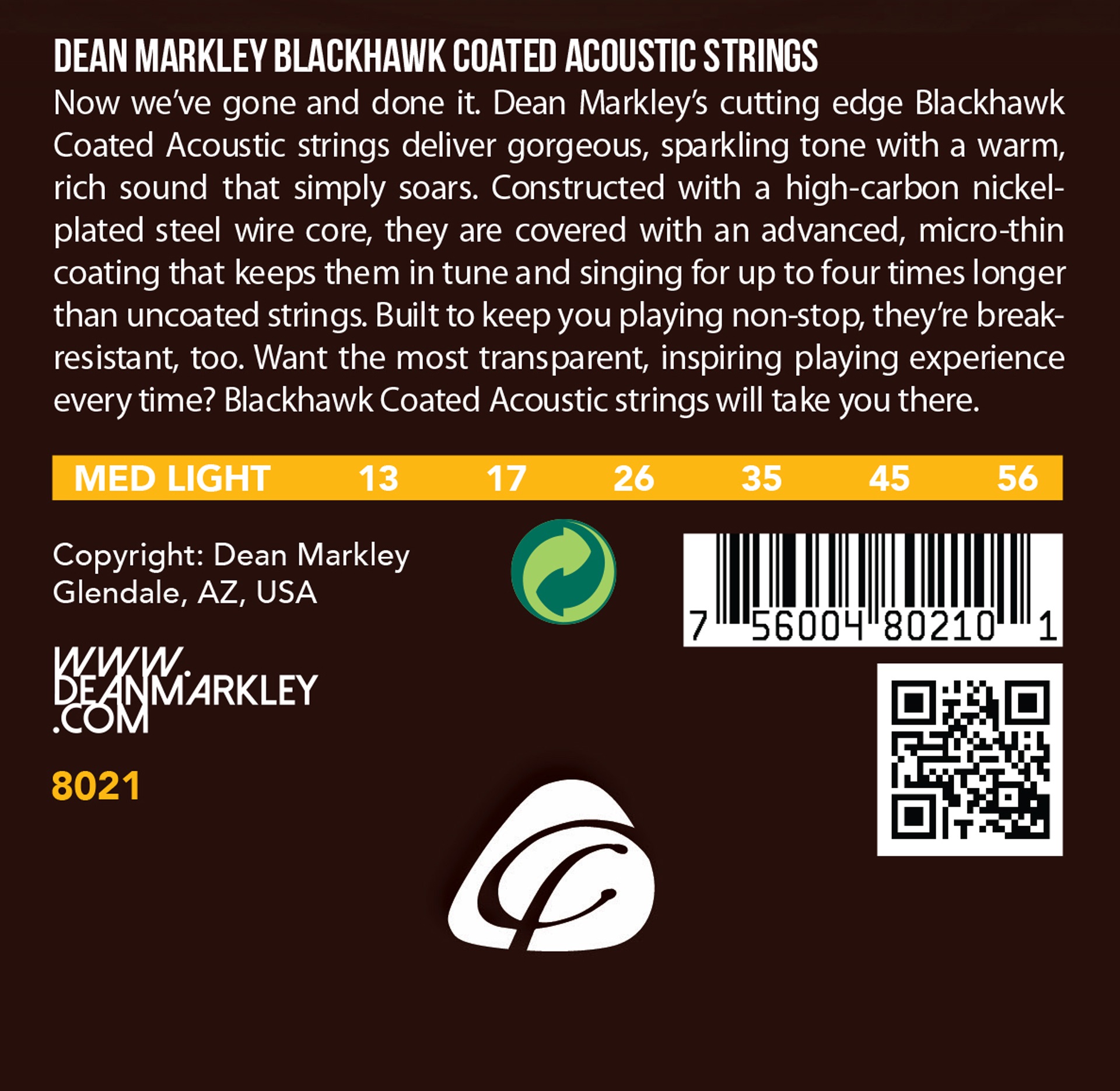 Blackhawk - 8021 - Coated Acoustic Guitar String Set, 80/20, Medium, .013-.056