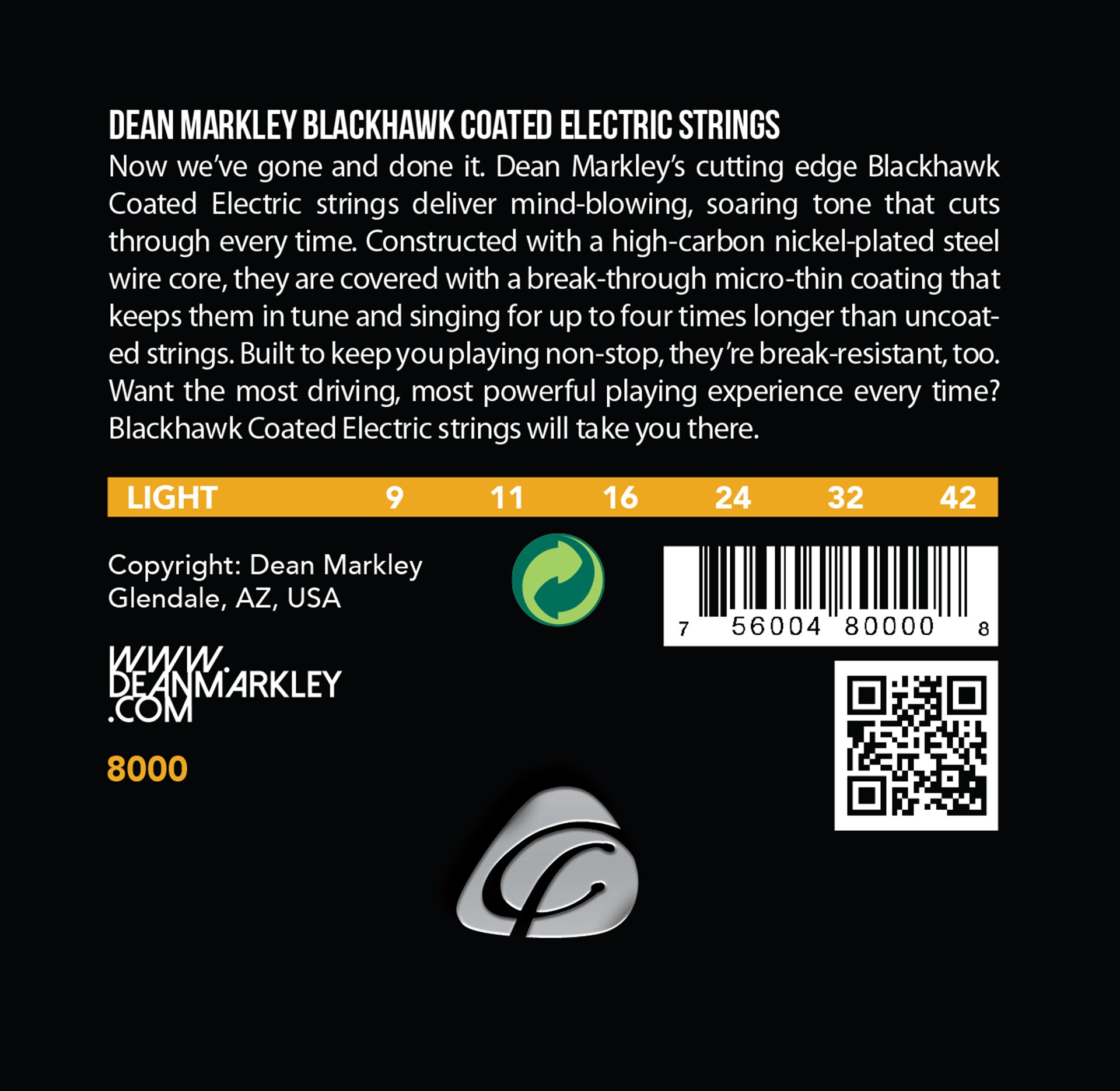 Blackhawk - 8000 - Coated Electric Guitar String Set, Light, .009-.042
