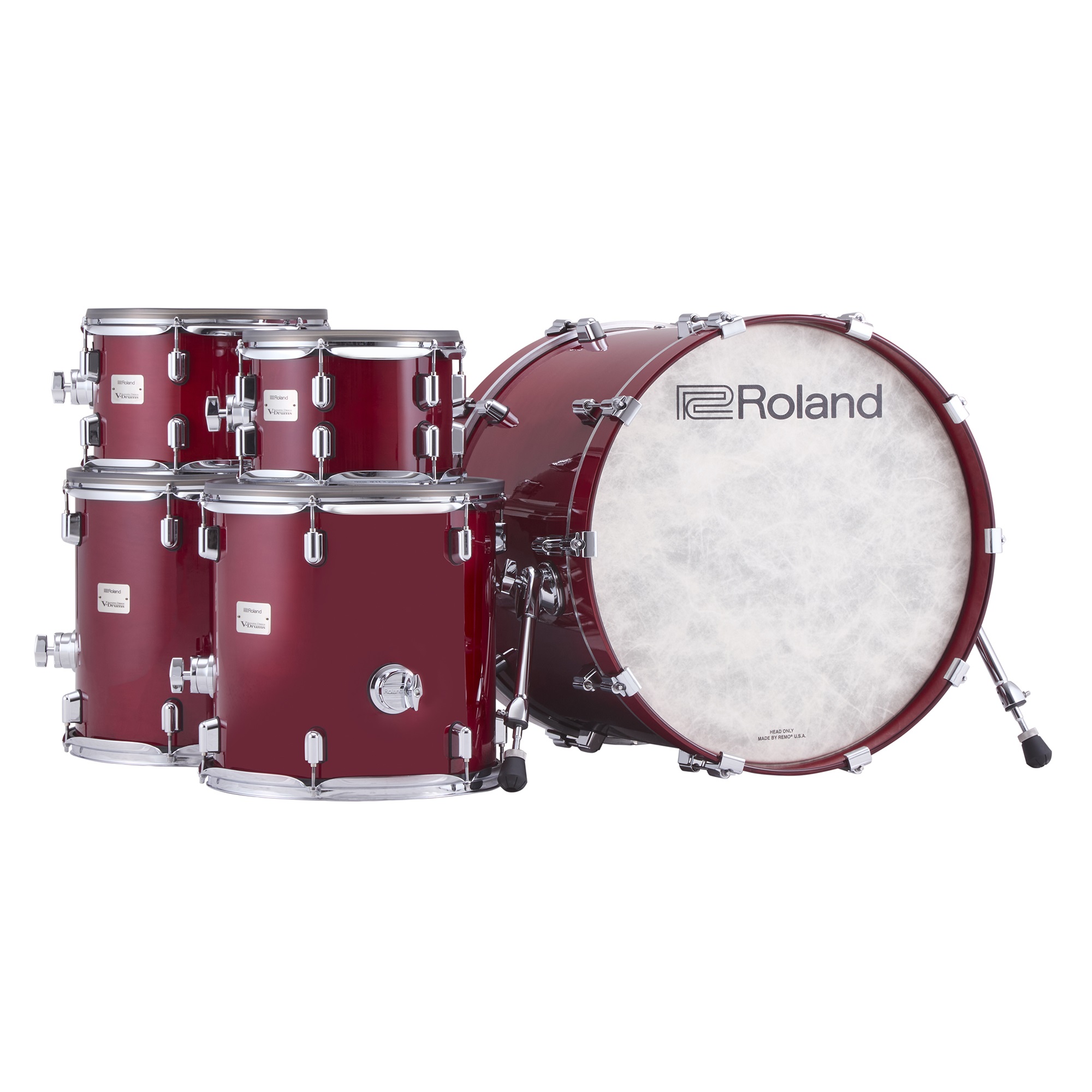 Roland VAD716-GC E-Drumset in Gloss Cherry – Nahaufnahme der Kick-Drum mit sichtbarem Roland-Logo auf dem Mesh-Fell – Shell Pack