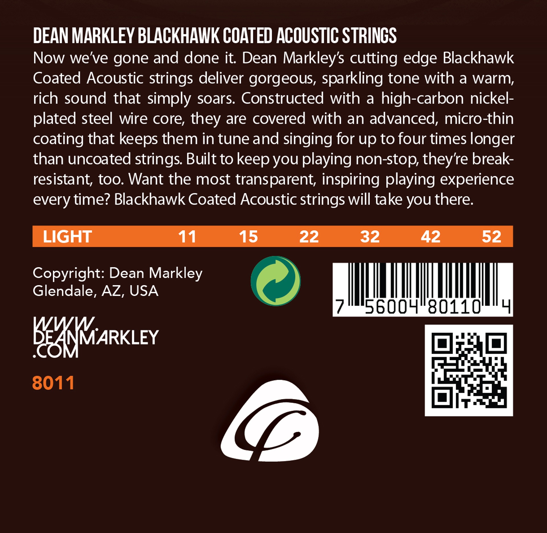 Blackhawk - 8011 - Coated Acoustic Guitar String Set, Pure Bronze, Light, .011-.052