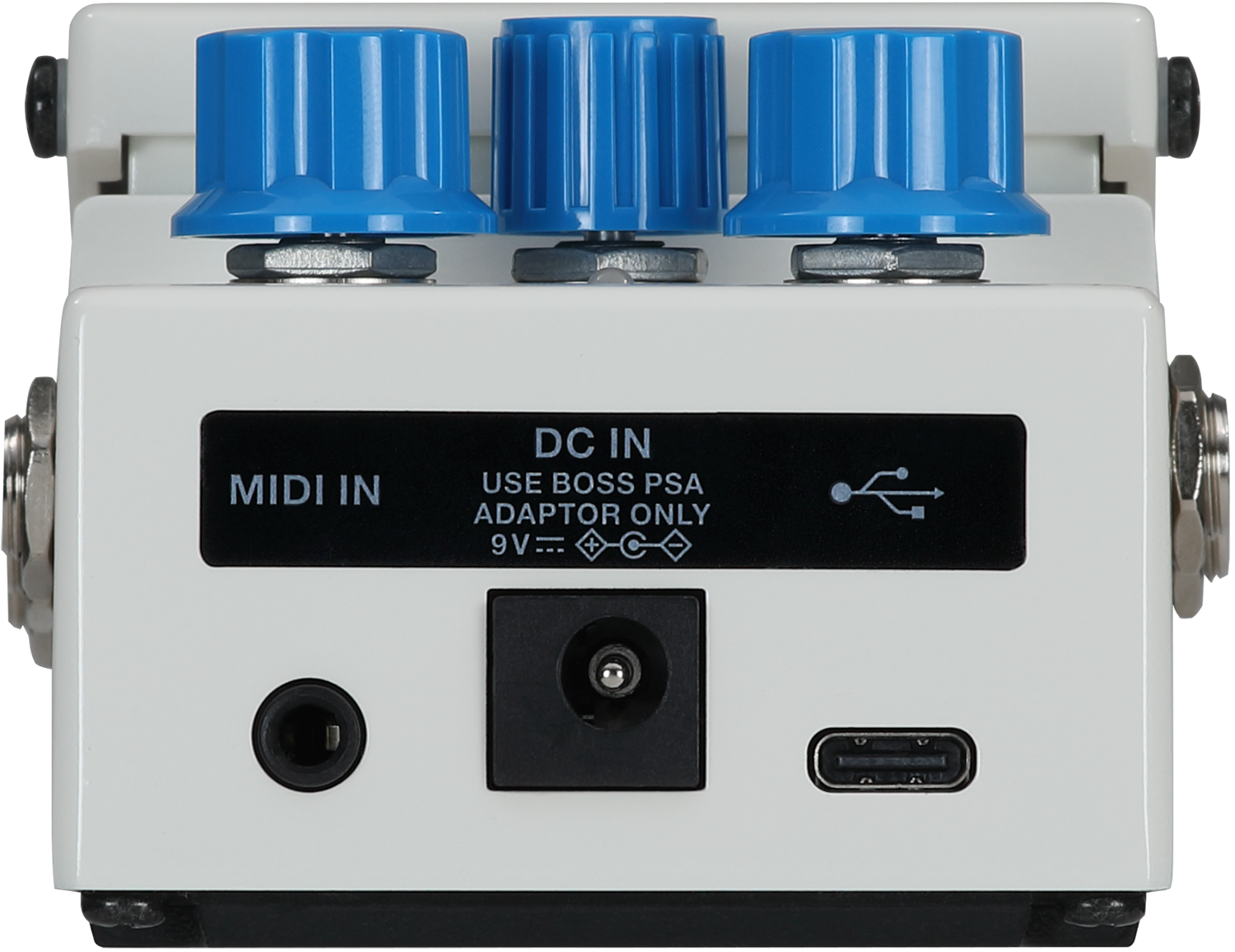 Rückansicht des Boss PX-1 Plugout FX mit TRS/MIDI-In und Netzteilanschluss