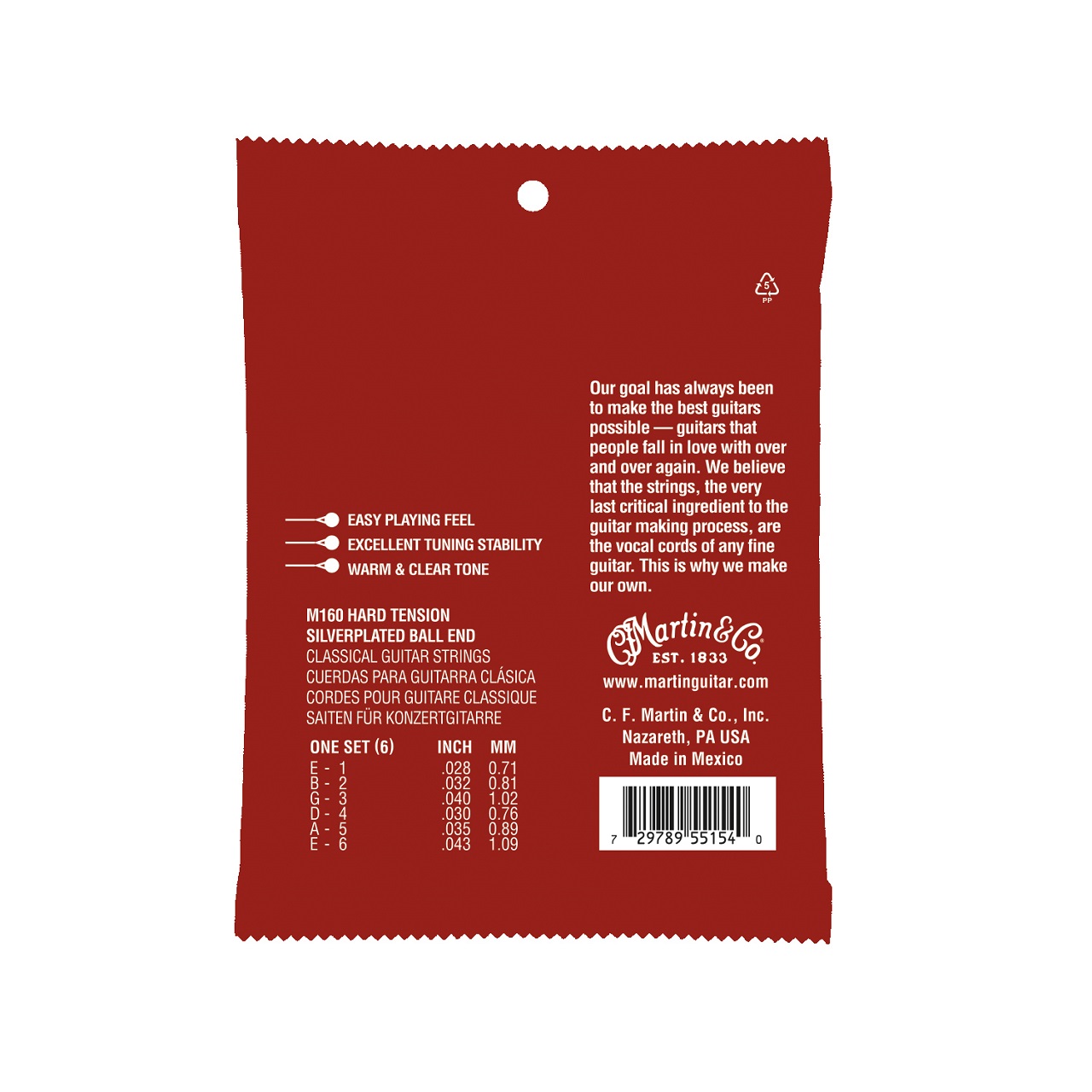 M160 Classical Nylon Guitar Strings Hard Tension, Silverplated, Ball End