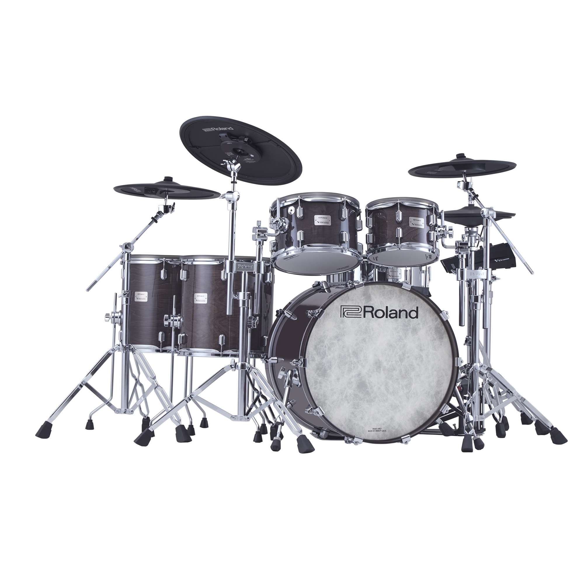Roland VAD716 V-Drums Acoustic Design – Komplettansicht des sechsteiligen E-Drum-Sets in Gloss Ebony mit Full-Size-Holzkesseln