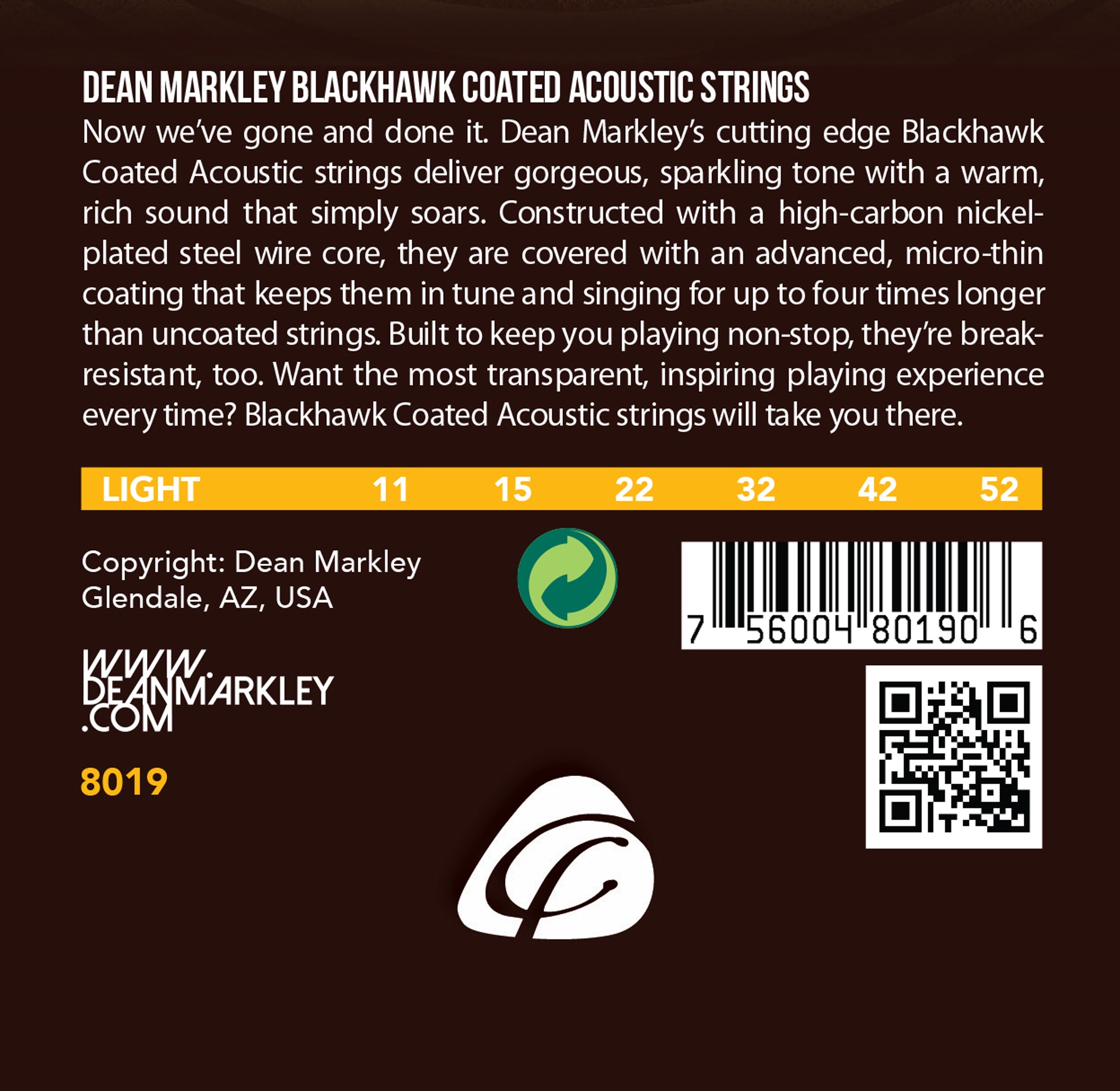 Blackhawk - 8019 - Coated Acoustic Guitar String Set, 80/20, Light, .011-.052