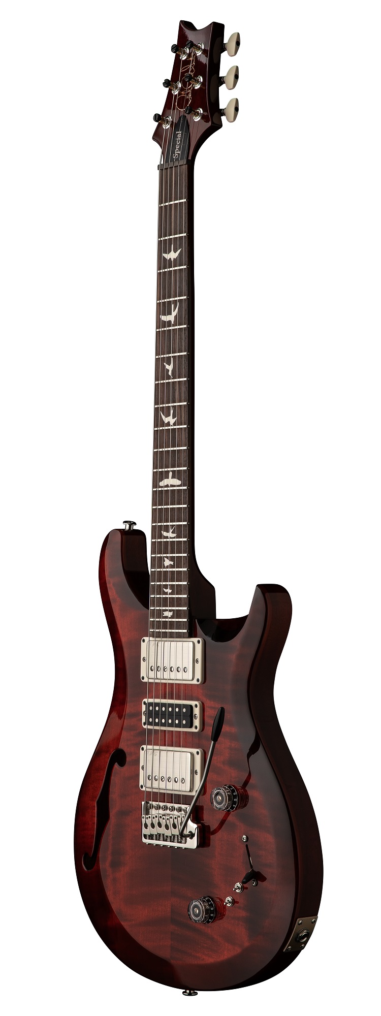 PRS S2 Special Semi-Hollow Fire Red Burst – Rückansicht mit glänzend rotem Korpus und Hals