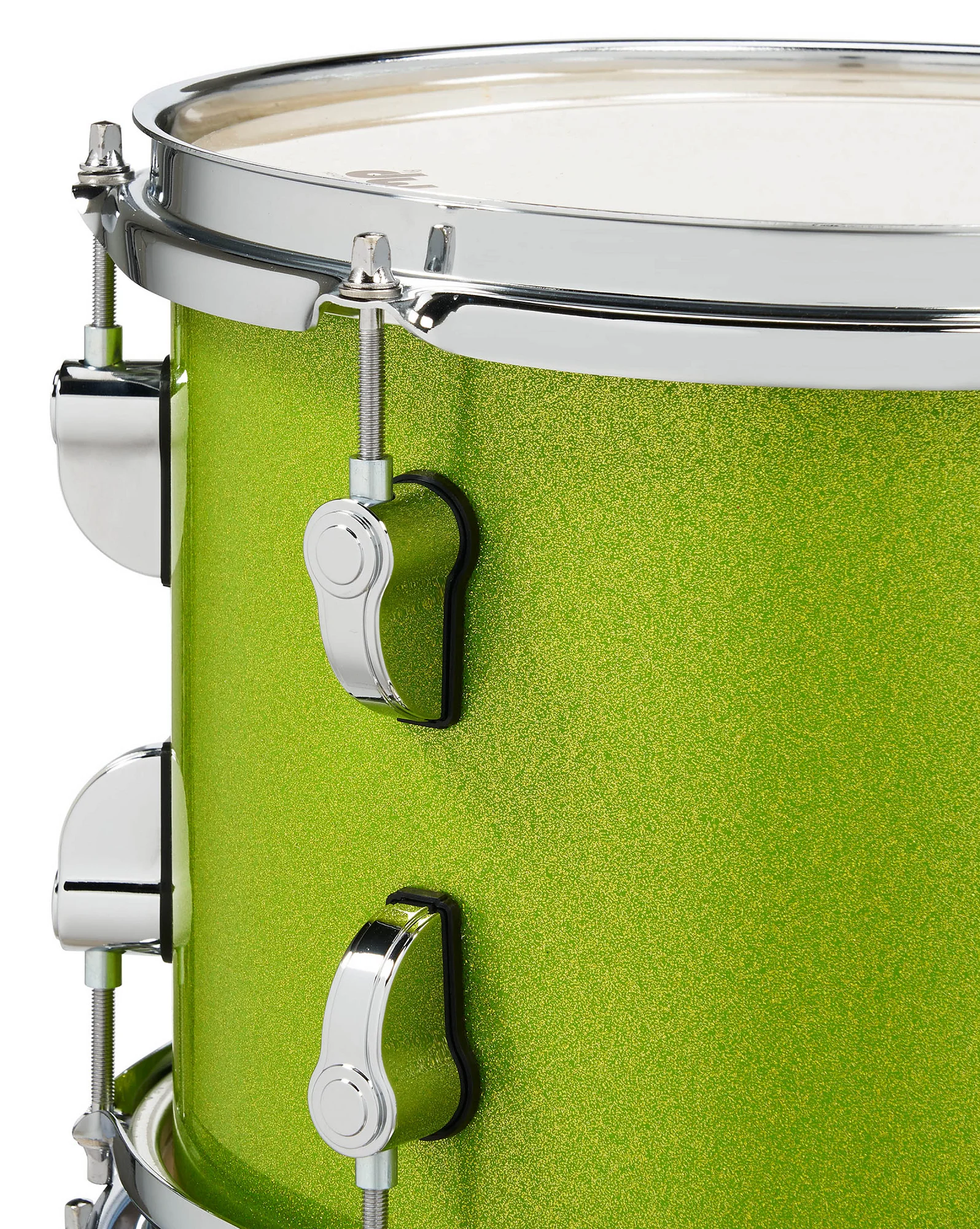 Snare Drum Nahaufnahme DW PDP New Yorker Shellpack 4-tlg. Electric Green Sparkle  Seitenansicht links