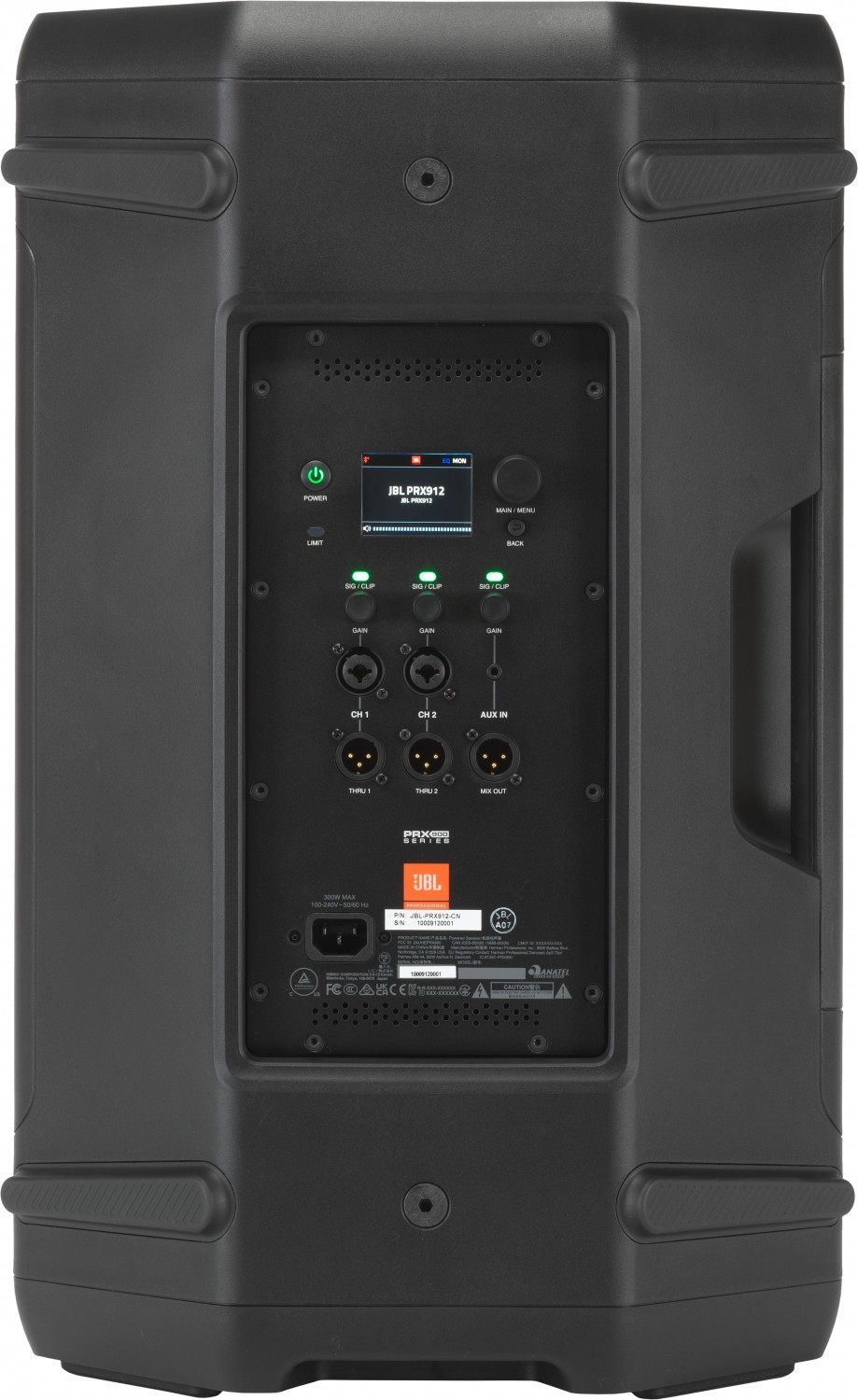 1037015_2 JBL PRX912 Rückseite – Eingänge mit XLR-Combo-Buchsen, Aux-Anschluss und Bluetooth-Steuerung