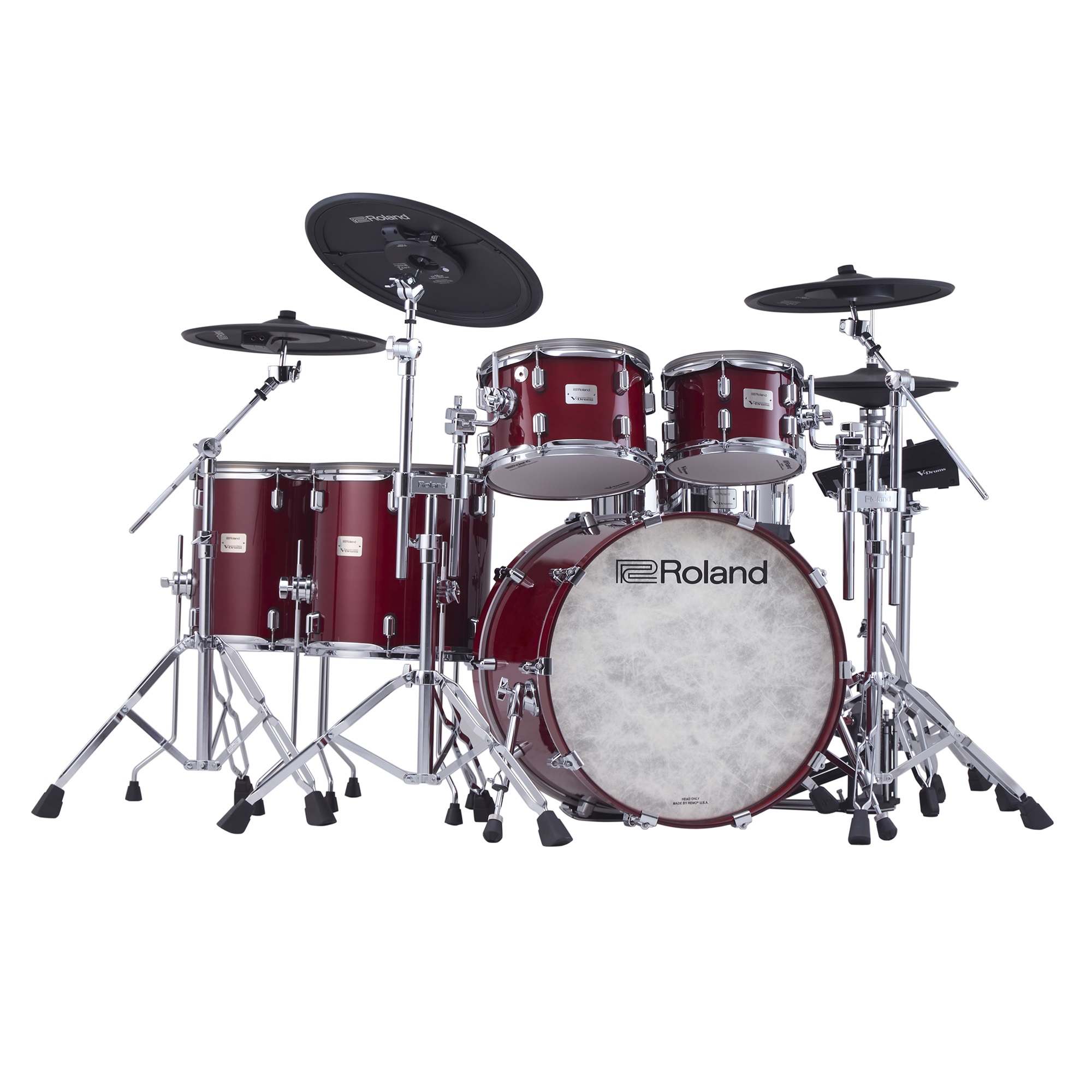 Roland VAD716-GC E-Drumset in Gloss Cherry – Frontansicht mit vollständig aufgebautem Kit inklusive Snare, Toms, Becken und Kick-Drum