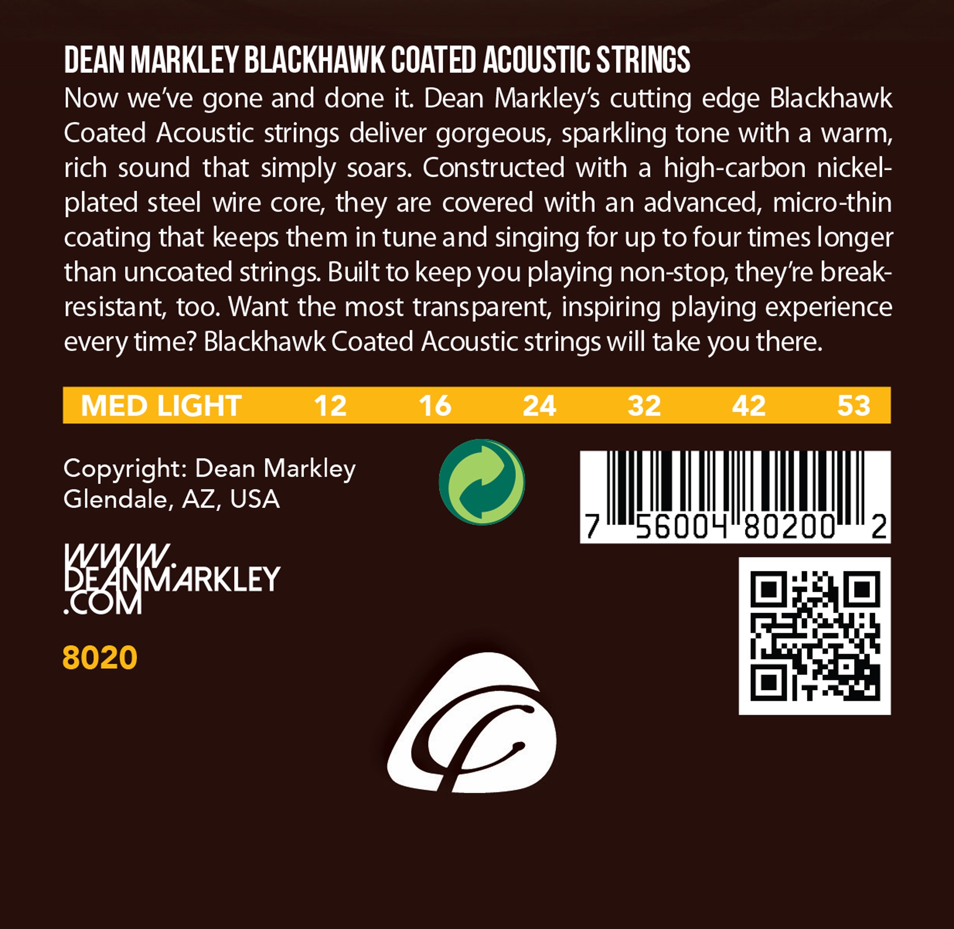 Blackhawk - 8020 - Coated Acoustic Guitar String Set, 80/20, Medium Light, .012-.053